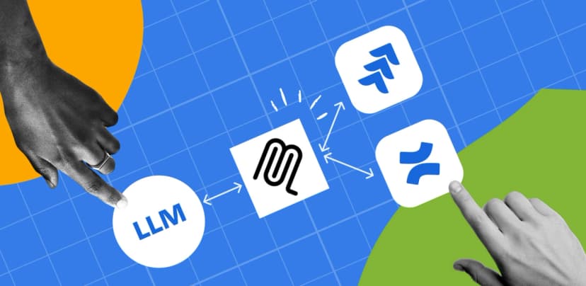 Hands interacting with a system connecting LLM, Jira, and Confluence icons on a blue grid background.