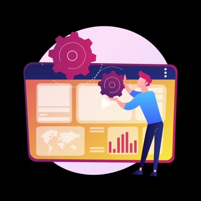 Person configuring dashboard with gears icon for data and analytics.