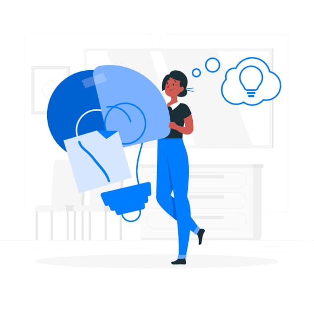 Woman thinking of an idea with a lightbulb cloud, holding a plug and socket.
