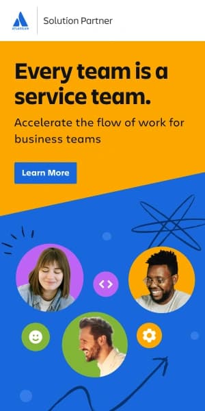 Atlassian banner stating Every team is a service team with photos of diverse team members and a Learn More button.