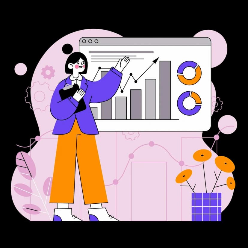 Presenter reviewing project performance with charts and metrics on a screen.