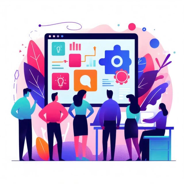 Collaborative team using business intelligence dashboard for strategic planning.