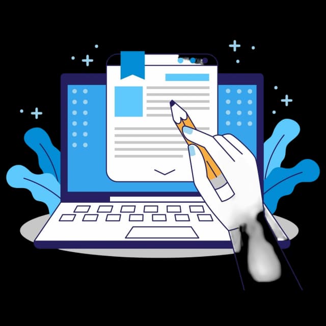 Hand writing on a digital document displayed on a laptop content creation illustration.