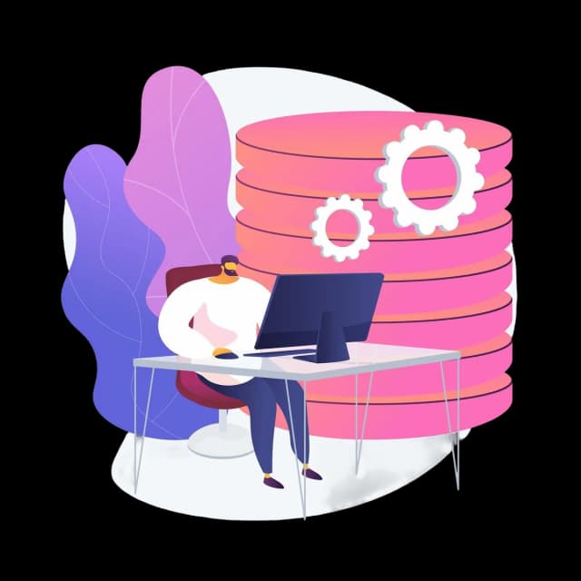 Illustration of a person working at a computer in front of large database servers with gears.