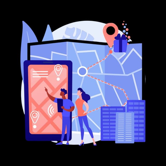 Two people navigate using a mobile app in front of a city map with route markers, symbolizing interactive mapping or location-based exploration.