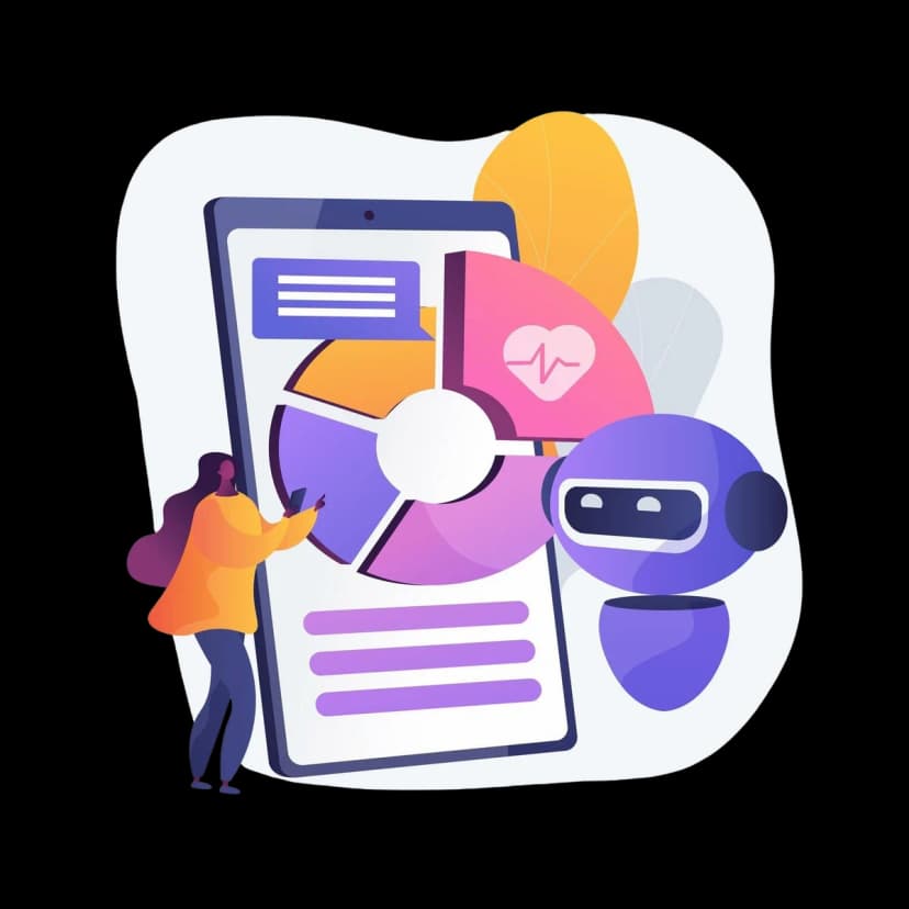 Illustration of a person interacting with a large mobile screen displaying charts next to an AI..