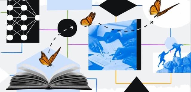 AI collaboration and human skills concept with butterflies, data network, teamwork, and learning visuals.