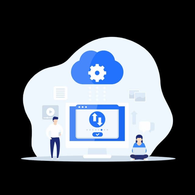 Cloud data synchronization with two users interacting via a desktop interface showing upload and download icons.