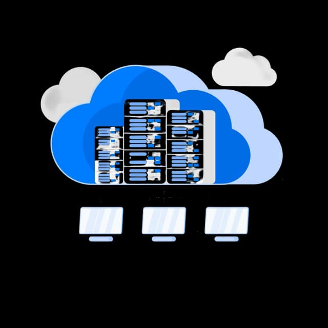 Illustration of cloud hosting with servers inside a cloud icon and connected to multiple desktop computers.