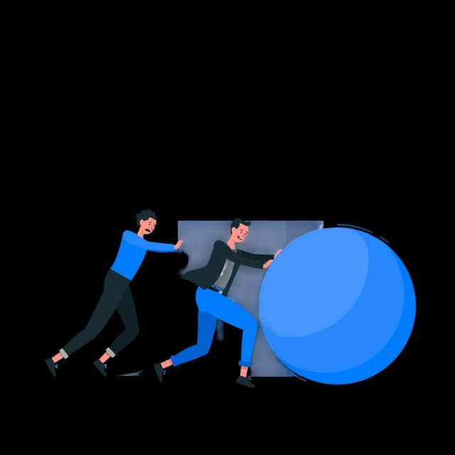 Two professionals pushing a large blue sphere to represent teamwork and effort.