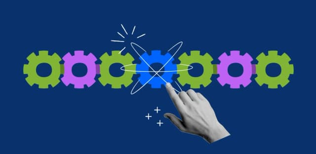Illustration of colorful gears with a hand pointing at the center, symbolizing automation and streamlined workflows.