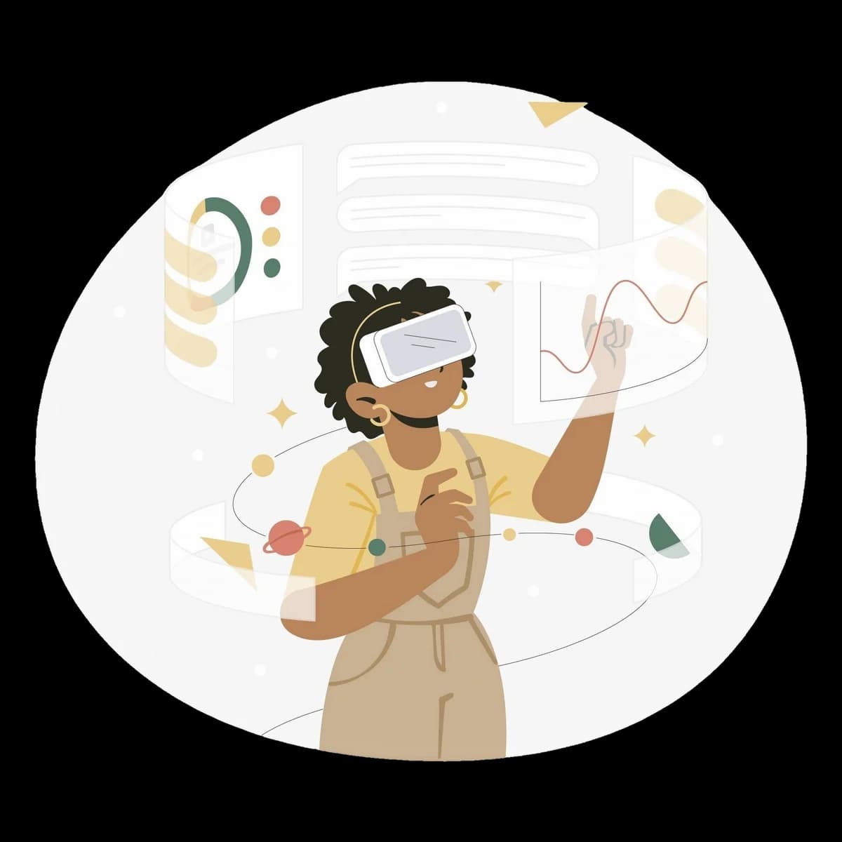 Illustration of someone using a virtual reality headset in a futuristic workspace.