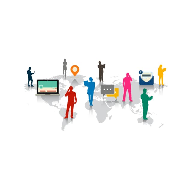 Colorful silhouettes of people over world map with digital icons.