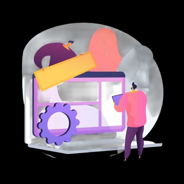 Abstract illustration of a person customizing a website interface with UI elements and settings gear.