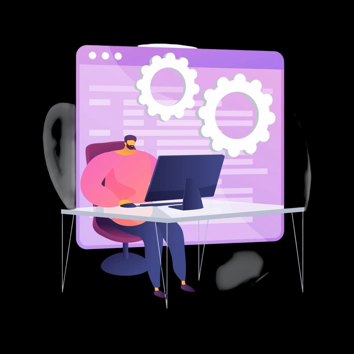 IT consultant working on software configuration with automation gears on screen.