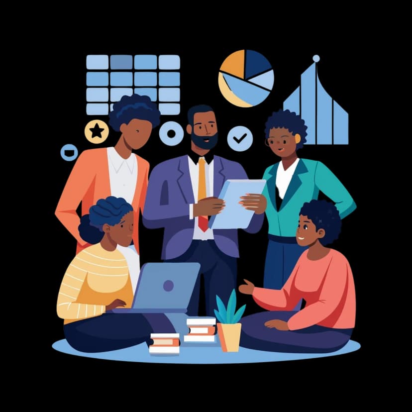 A diverse team of professionals collaborating around a laptop with data charts and analytics in the background, representing data-driven teamwork in the enterprise.