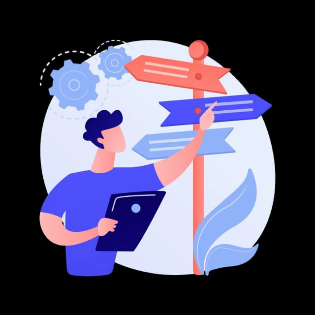 Person analyzing multiple directional signs with a tablet.