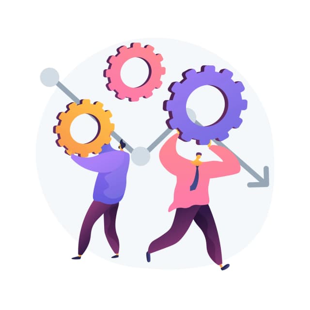 People collaborating with gears, representing teamwork in problem-solving or project management.