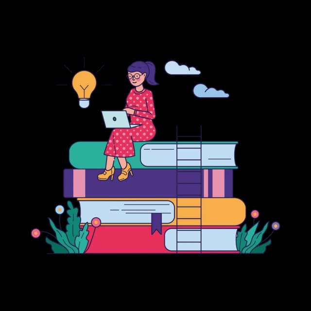 Woman sitting on stacked books with a laptop, symbolizing online learning and knowledge.
