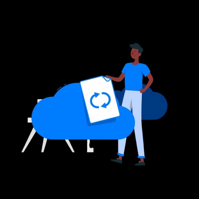 Illustration of a person managing cloud data synchronization, standing next to cloud storage icons.