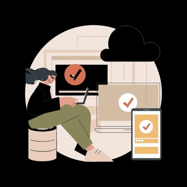 Woman using laptop with cloud storage and device synchronization icons.