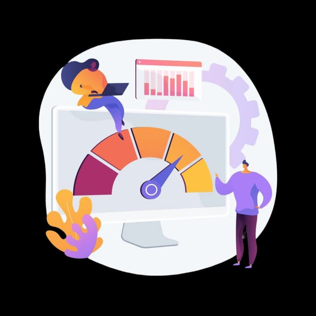 People analyzing performance metrics on a large speedometer-style dashboard with bar charts and gears in the background.