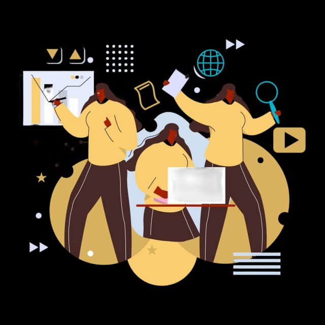 Illustration of a multitasking professionals performing various tasks like presenting data, using a laptop, and analyzing information.