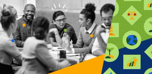 A diverse group of professionals collaborating around a table, representing teamwork and social impact, with colorful icons symbolizing growth, balance, and sustainability.