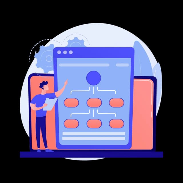 A person presenting a digital flowchart on a large screen.