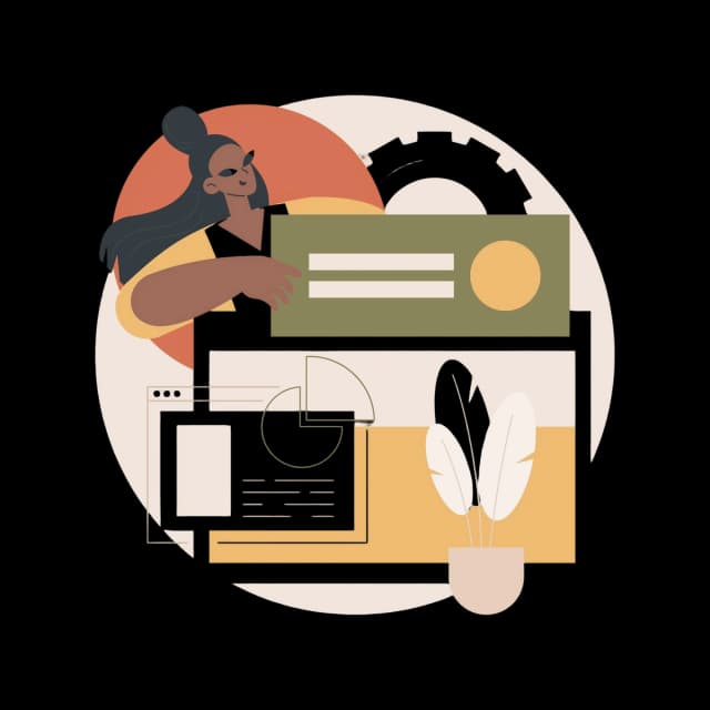 Illustration of a person organizing digital content, surrounded by UI elements like charts, windows, and folders, symbolizing workflow management.