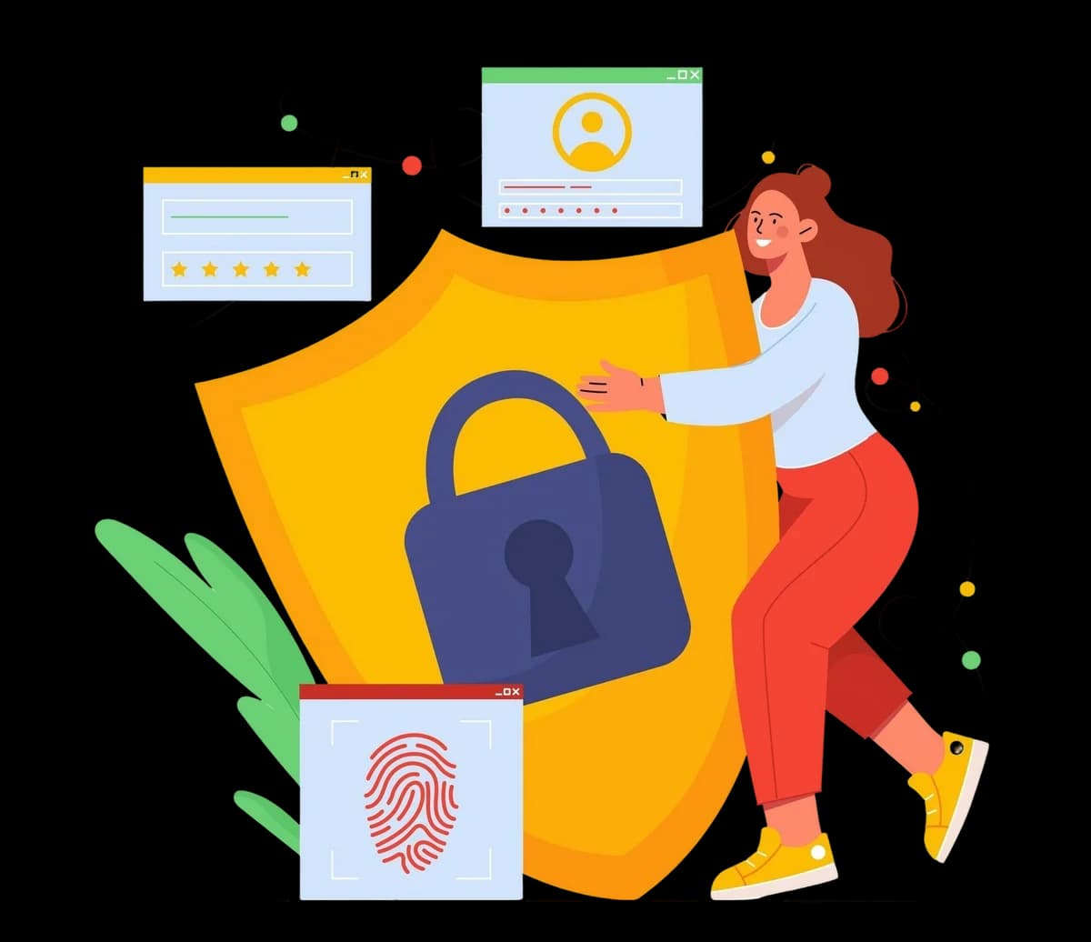 Illustration of digital security with a shield, lock, and user authentication elements