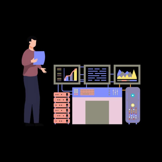 Illustration of a person reviewing data on multiple computer monitors and servers.