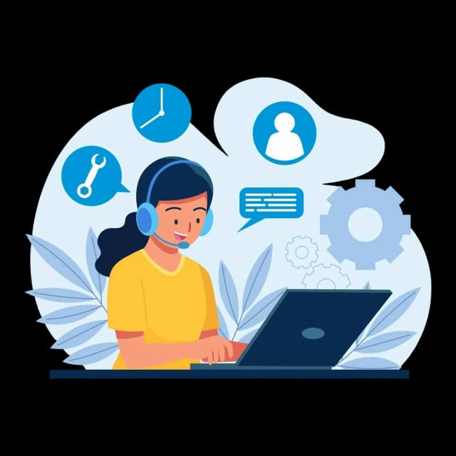 Customer support agent using a laptop with service-related icons around her.