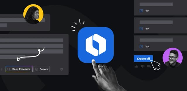 Illustration of Atlassian Rovo Chat icon with users creating tasks, running deep research, and interacting in a collaborative AI-powered workspace.