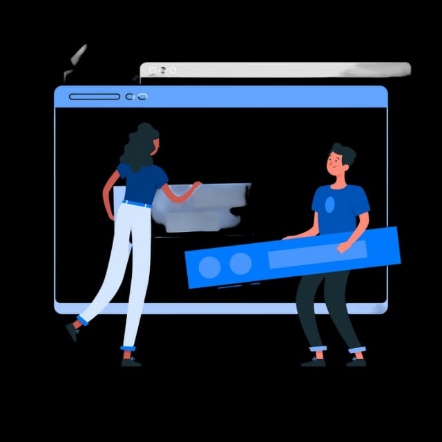 Two people assembling UI elements on a large screen interface.