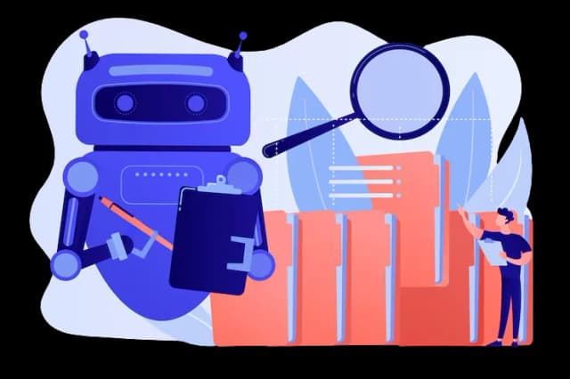 Robot reviewing folders with magnifying glass