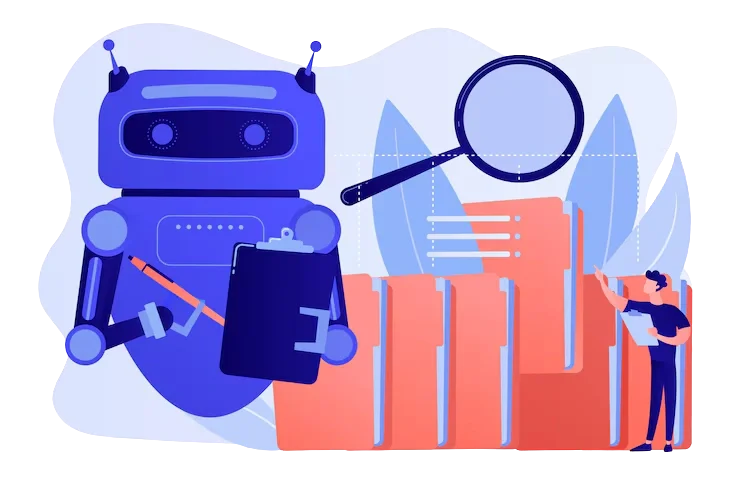 Robot reviewing folders with magnifying glass