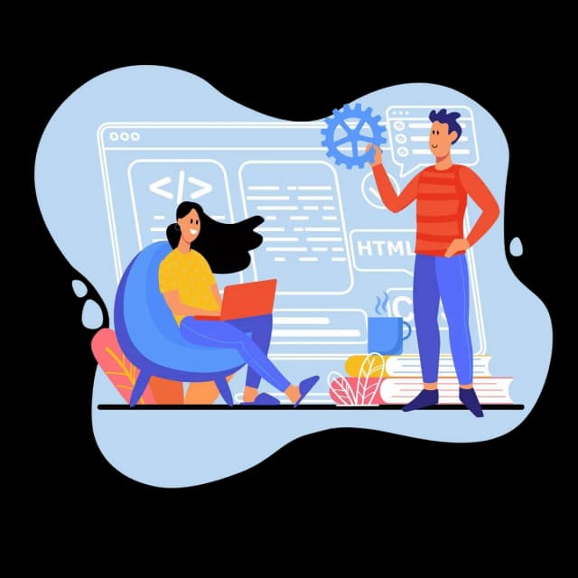 Two people collaborating on software development, with one using a laptop and the other holding a gear icon in front of a screen displaying code and HTML elements.