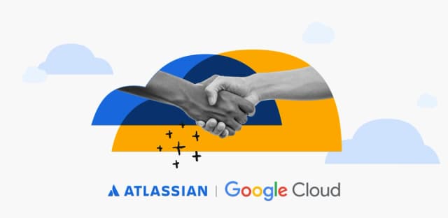 Handshake illustration with Atlassian and Google Cloud logos, symbolizing partnership.