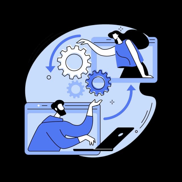 Two people collaborating virtually through laptops, exchanging gears to represent workflow automation and teamwork.