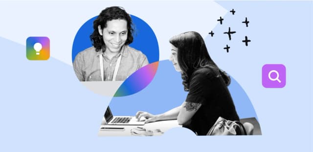 Two people collaborating on laptops with Atlassian-themed icons.