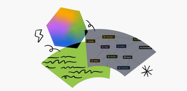 Abstract illustration of a knowledge graph showing interconnected labeled nodes like “Design,” “Customer,” and “Goals,” with colorful geometric shapes and artistic elements.