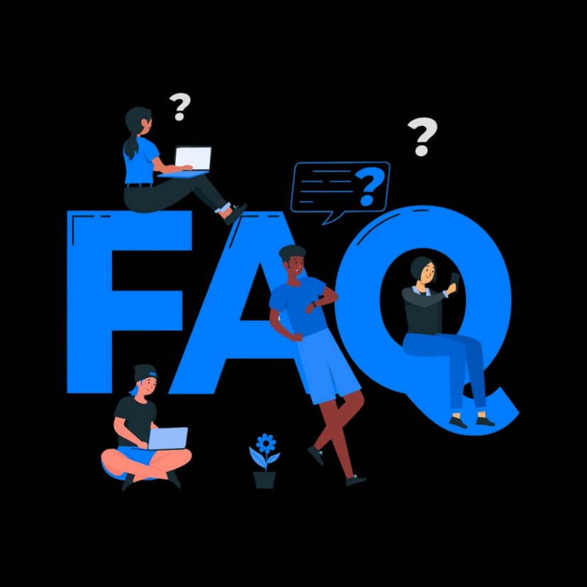 People sitting and standing on large FAQ letters with question icons, representing a frequently asked questions section.