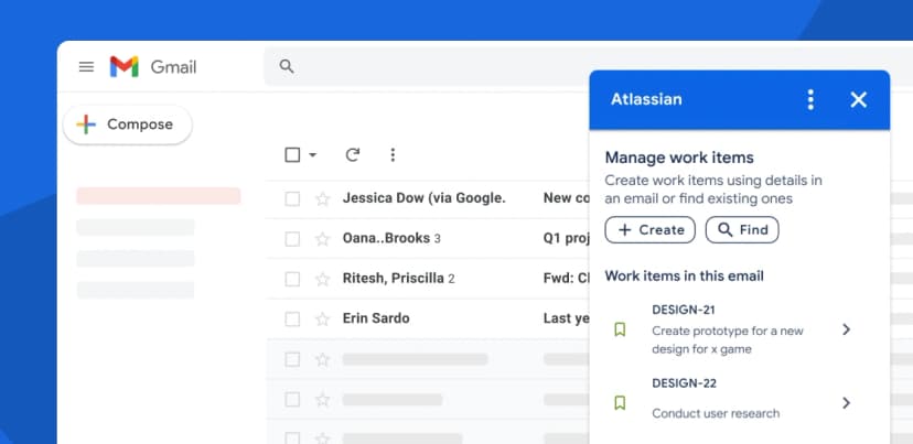 Atlassian Gmail add-on showing options to create or find work items linked to an email.
