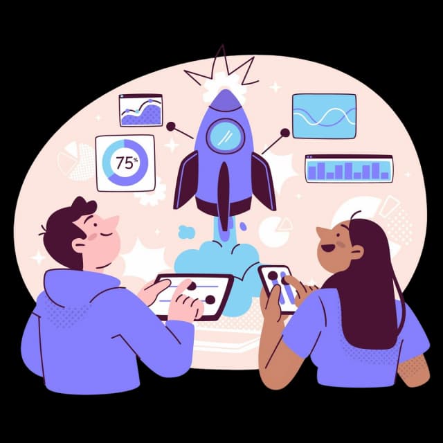 Illustration of two people analyzing data on tablets, symbolizing project growth and performance tracking.