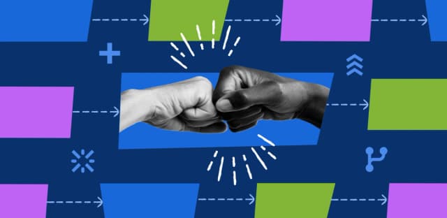 Two hands fist-bumping against a background of colorful workflow blocks, symbolizing teamwork in code review.