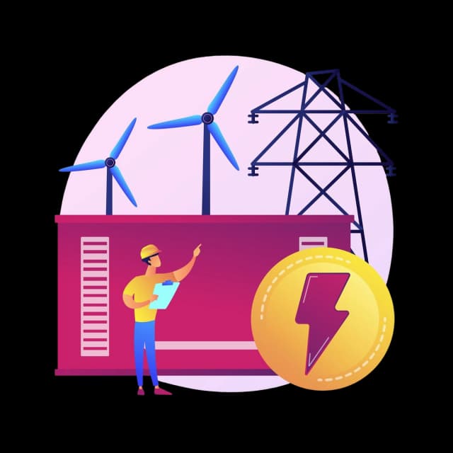 Engineer inspecting wind turbines and power lines with an energy icon, symbolizing energy sector efficiency.