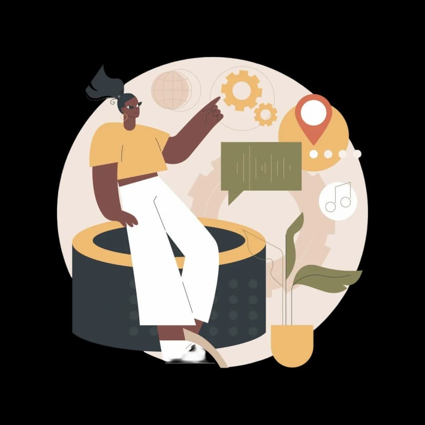 Illustration of a person interacting with gears and icons, representing workflow automation and process optimization.