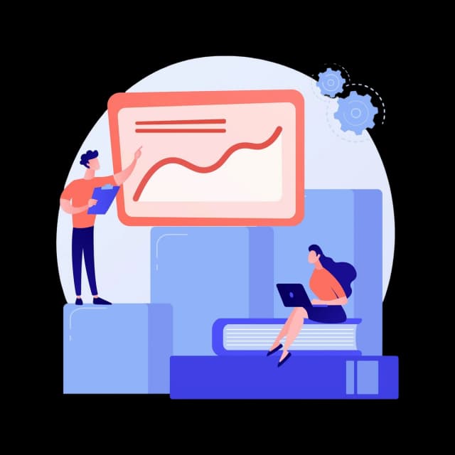 Team members analyzing a growth chart with books and gears in the background.