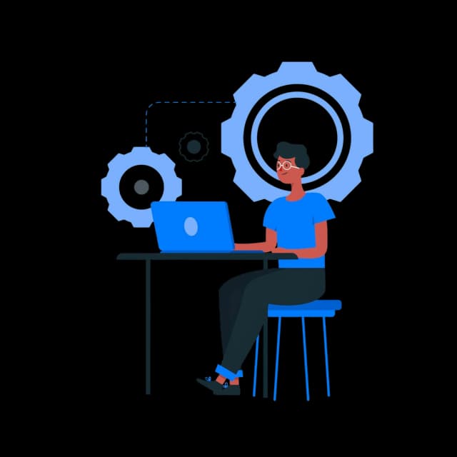 Illustration of a developer working on a laptop with gears in the background, symbolizing software development and automation.